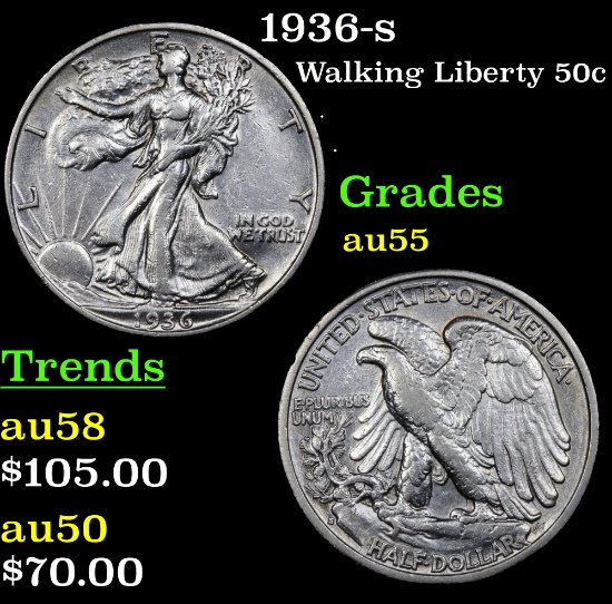 1936-s Walking Liberty Half Dollar 50c Grades Choice AU