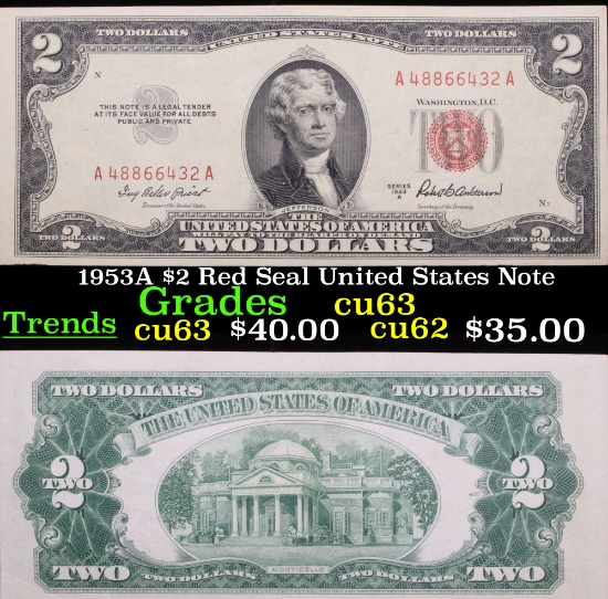 1953A $2 Red Seal United States Note Grades Select CU