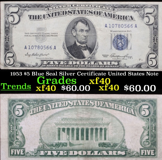 1953 $5 Blue Seal Silver Certificate United States Note Grades xf