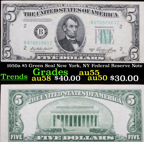 1950a $5 Green Seal New York, NY Federal Reserve Note Grades Choice AU