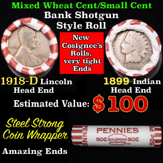 Mixed small cents 1c orig shotgun roll, 1918-d Wheat Cent, 1899 Indian Cent other end, Seal Strong W