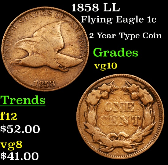 1858 LL Flying Eagle Cent 1c Grades vg+