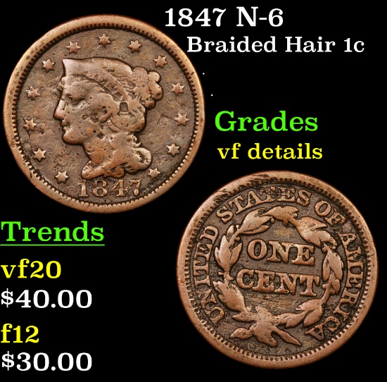 1847 N-6 Braided Hair Large Cent 1c Grades vf details