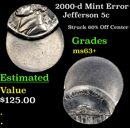 2000-d Mint Error Jefferson Nickel 5c Grades Select+ Unc