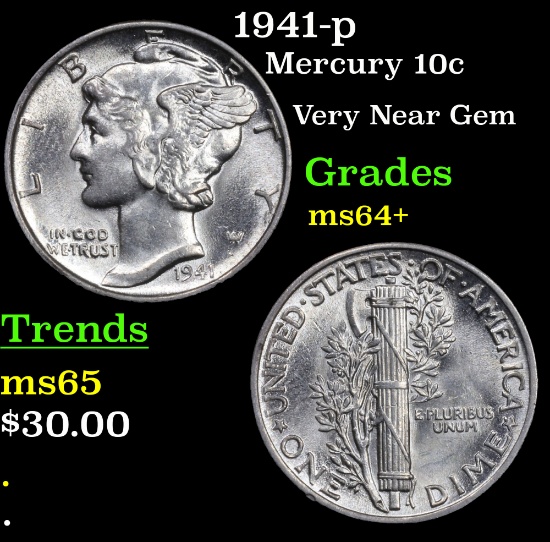 1941-p Mercury Dime 10c Grades Choice+ Unc