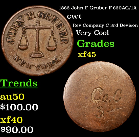 1863 John F Gruber F-630AG/1A Civil War Token 1c Grades xf+