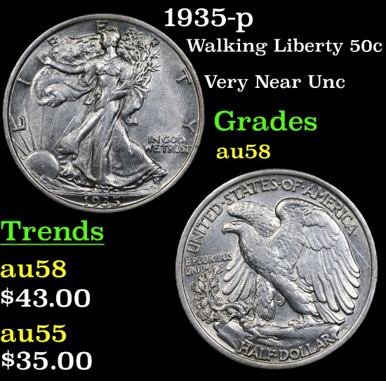 1935-p Walking Liberty Half Dollar 50c Grades Choice AU/BU Slider