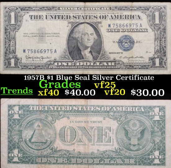 1957B $1 Blue Seal Silver Certificate Grades vf+