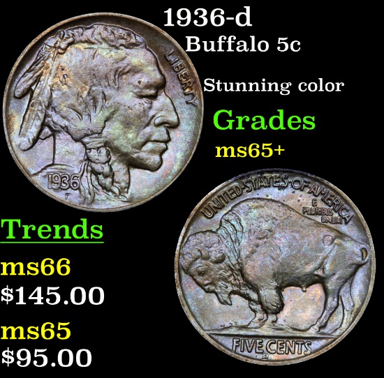1936-d Buffalo Nickel 5c Grades GEM+ Unc