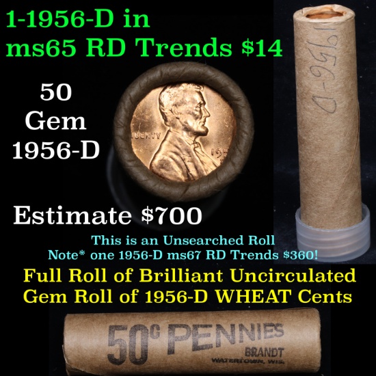 Uncirculated Shotgun Lincoln 1c roll, 1956-d 50 pcs Brandt Wrapper  Grades