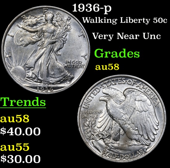 1936-p Walking Liberty Half Dollar 50c Grades Choice AU/BU Slider