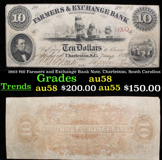 1863 $10 Farmers and Exchange Bank Note, Charleston, South Carolina Grades Choice AU/BU Slider