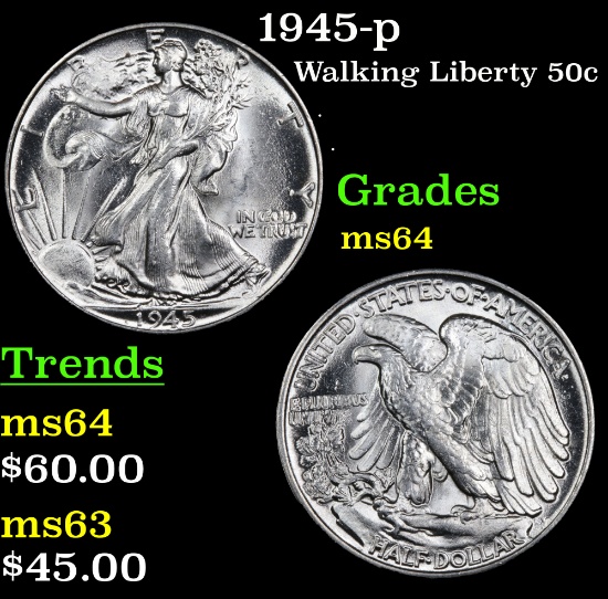1945-p Walking Liberty Half Dollar 50c Grades Choice Unc