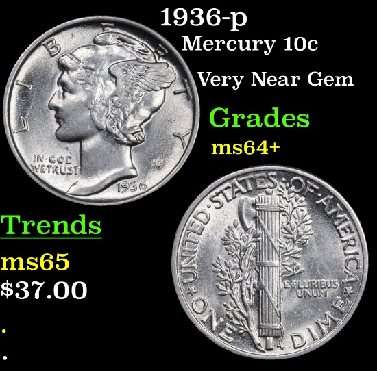 1936-p Mercury Dime 10c Grades Choice+ Unc
