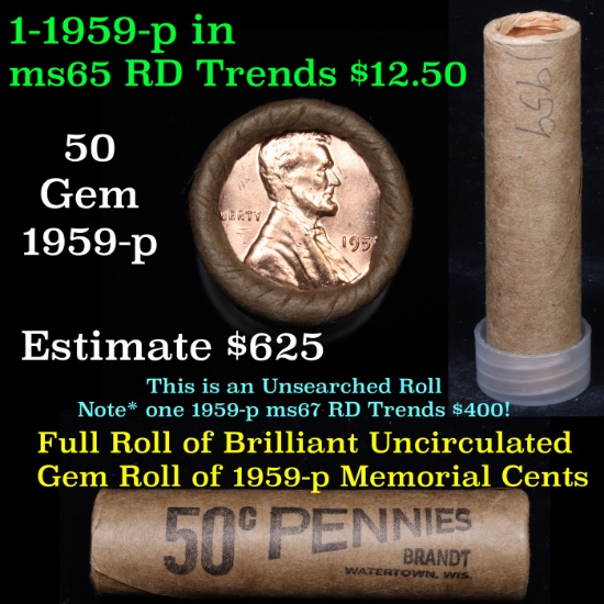 1959-p Uncirculated Shotgun solid date Lincoln 1c roll,  50 pcs Brandt Wrapper