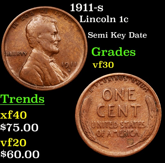 1911-s Lincoln Cent 1c Grades vf++