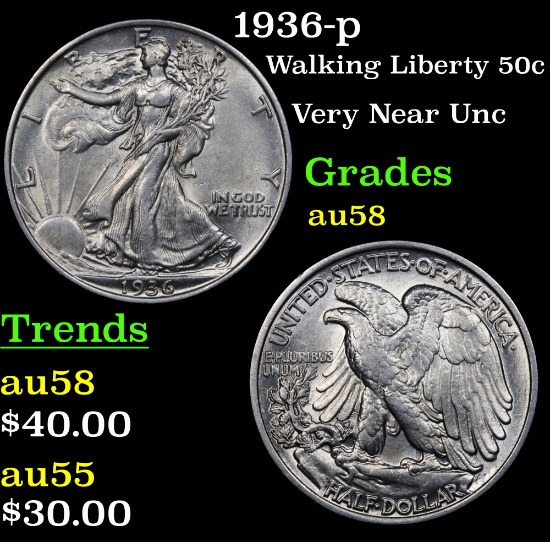 1936-p Walking Liberty Half Dollar 50c Grades Choice AU/BU Slider