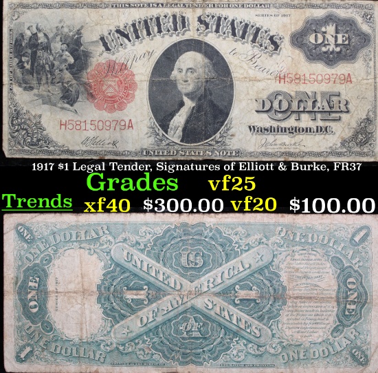 1917 $1 Legal Tender, Signatures of Elliott & Burke, FR37 Grades vf+