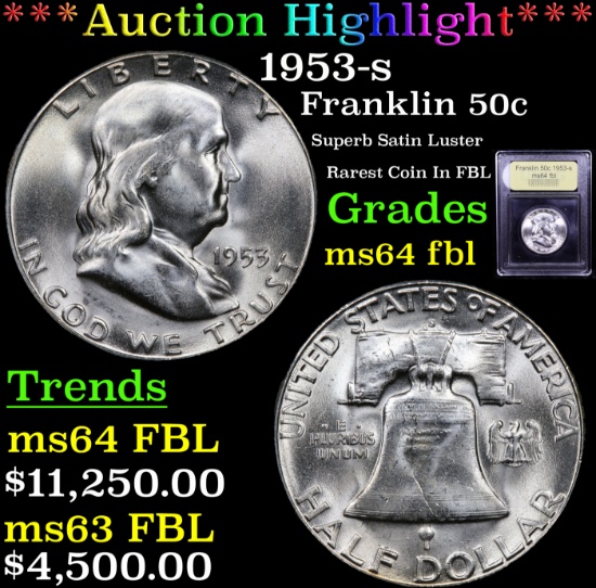 ***Auction Highlight*** 1953-s Franklin Half Dollar 50c Graded Choice Unc FBL By USCG (fc)