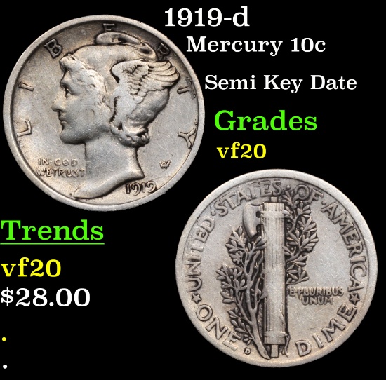 1919-d Mercury Dime 10c Grades vf, very fine