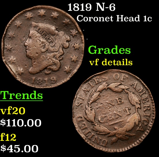 1819 N-6 Coronet Head Large Cent 1c Grades vf details