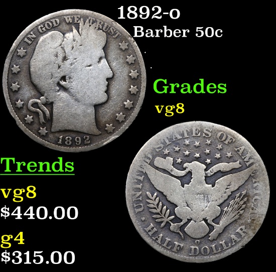 1892-o Barber Half Dollars 50c Grades vg, very good