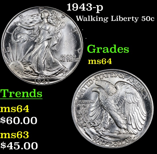 1943-p Walking Liberty Half Dollar 50c Grades Choice Unc