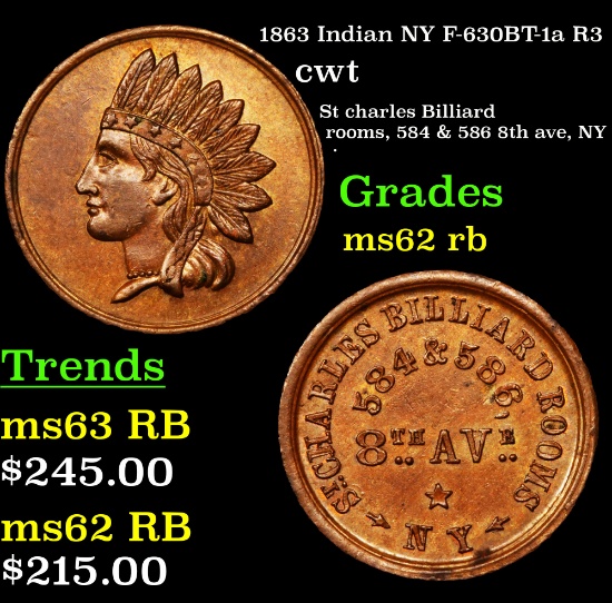 1863 Indian NY F-630BT-1a R3 Civil War Token 1c Grades Select Unc RB