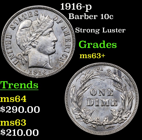 1916-p Barber Dime 10c Grades Select+ Unc