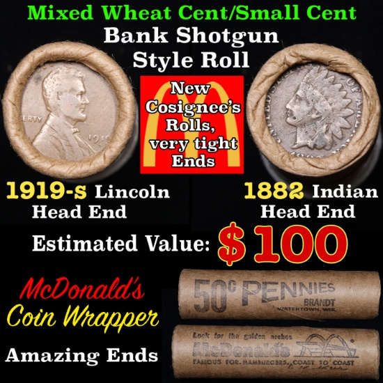 Mixed small cents 1c orig shotgun roll, 1919-s Wheat Cent, 1882 Indian Cent other end, McDonalds Wra