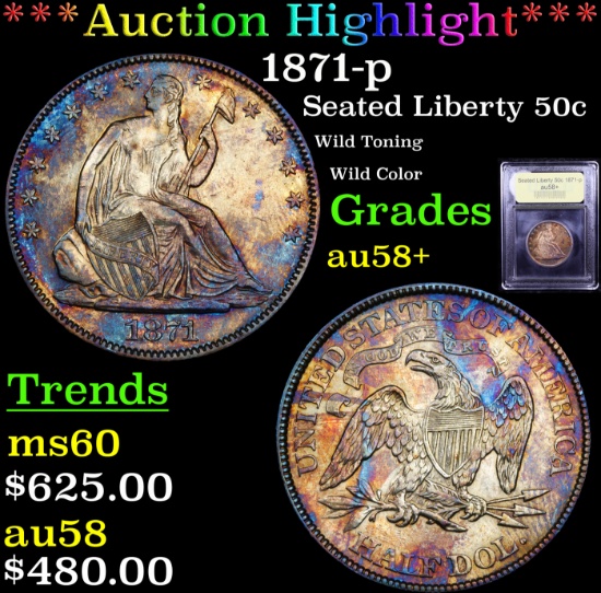 ***Auction Highlight*** 1871-p Seated Half Dollar 50c Graded Choice AU/BU Slider+ By USCG (fc)