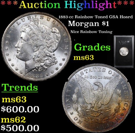 ***Auction Highlight*** 1883-cc Rainbow Toned GSA Hoard Morgan Dollar $1 Grades Select Unc (fc)