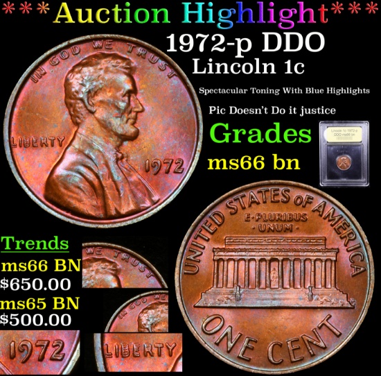 ***Auction Highlight*** 1972-p DDO Lincoln Cent 1c Graded GEM+ Unc BN BY USCG (fc)