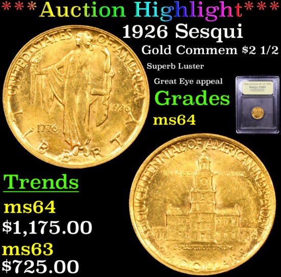 ***Auction Highlight*** 1926 Sesqui Gold Commem $2 1/2 Graded Choice Unc By USCG (fc)