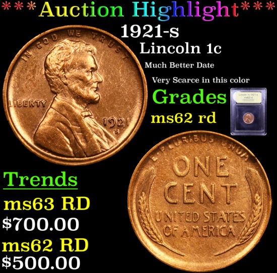 ***Auction Highlight*** 1921-s Lincoln Cent 1c Graded Select Unc RD By USCG (fc)