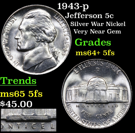 1943-p Jefferson Nickel 5c Grades Choice Unc+ 5fs