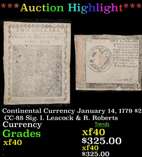 ***Auction Highlight*** Continental Currency January 14, 1779 $2 CC-88 Sig. I. Leacock & R. Roberts