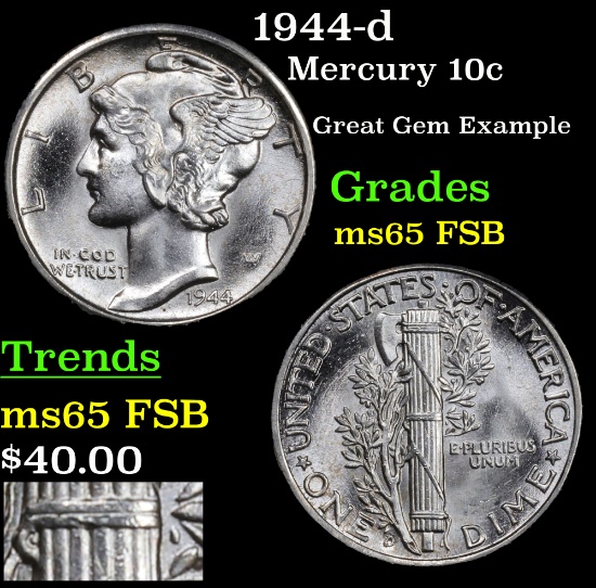 1944-d Mercury Dime 10c Grades GEM FSB
