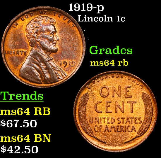 1919-p Lincoln Cent 1c Grades Choice Unc RB