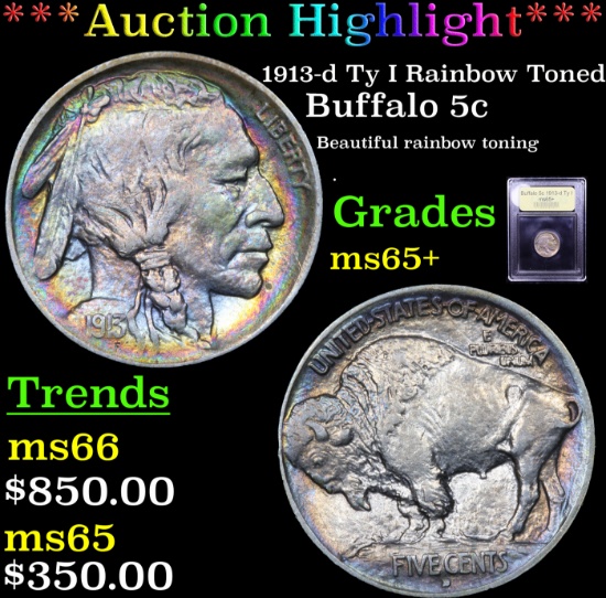***Auction Highlight*** 1913-d Ty I Rainbow Toned Buffalo Nickel 5c Graded GEM+ Unc By USCG (fc)