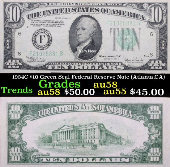 1934C $10 Green Seal Federal Reserve Note (Atlanta,GA) Grades Choice AU/BU Slider
