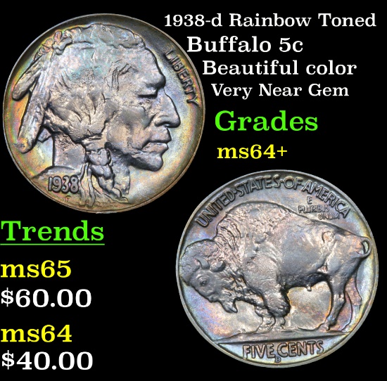 1938-d Rainbow Toned Buffalo Nickel 5c Grades Choice+ Unc