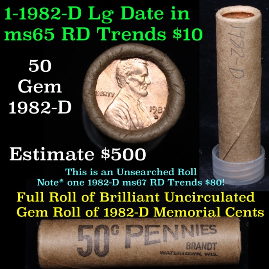 Uncirculated shotgun Lincoln 1c roll, 1982-d Copper Large Date 50 pcs Brandt Wrapper  Grades