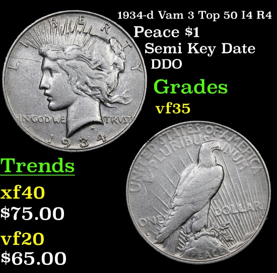 1934-d Vam 3 Top 50 I4 R4 Peace Dollar $1 Grades vf++