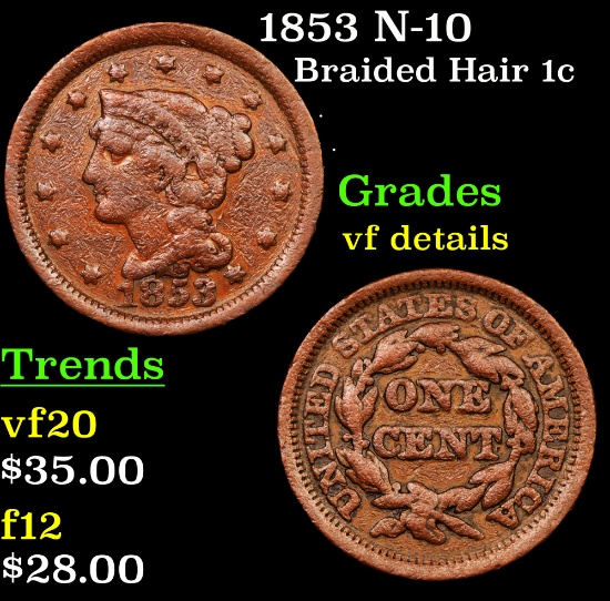 1853 N-10 Braided Hair Large Cent 1c Grades vf details