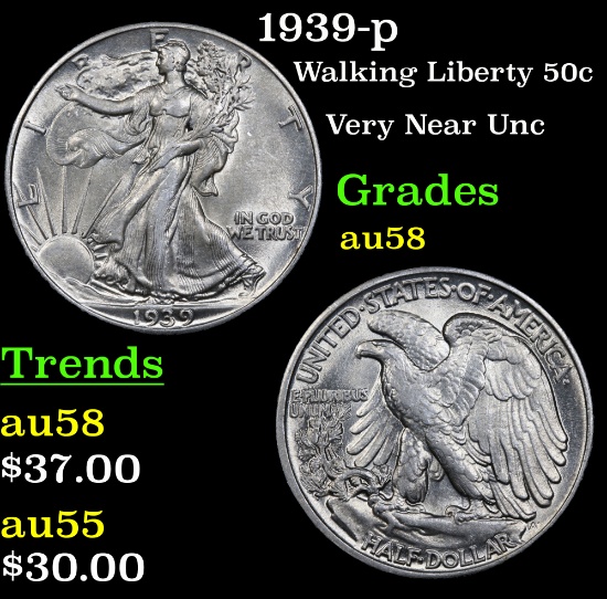1939-p Walking Liberty Half Dollar 50c Grades Choice AU/BU Slider