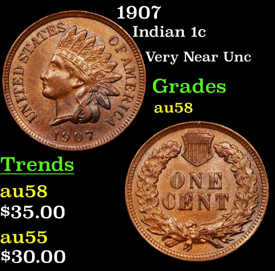1907 Indian Cent 1c Grades Choice AU/BU Slider