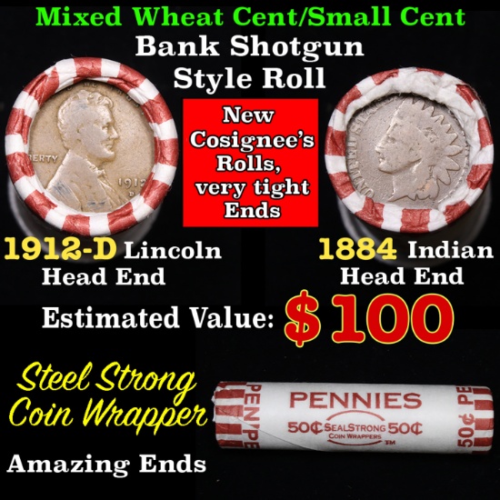 Mixed small cents 1c orig shotgun roll, 1912-dWheat Cent, 1884 Indian Cent other end, Seal Strong Gr