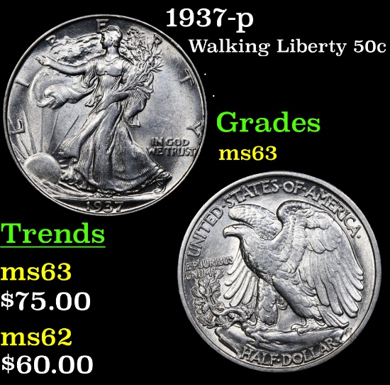 1937-p Walking Liberty Half Dollar 50c Grades Select Unc