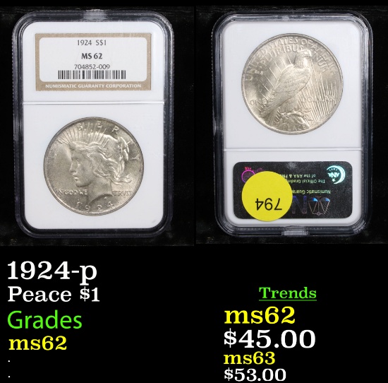 NGC 1924-p Peace Dollar $1 Graded ms62 By NGC